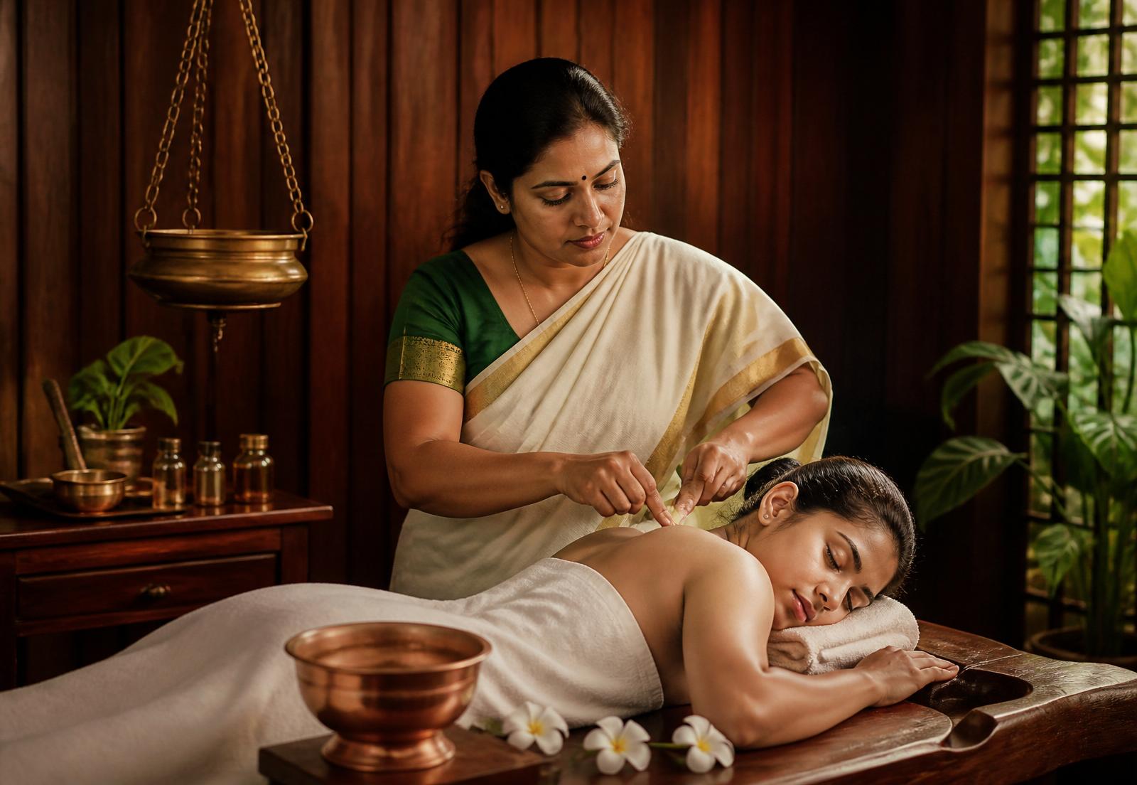 Marma therapy being performed in a traditional Kerala therapy room